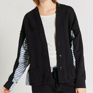 Current/Elliott Black Cardigan with Blue-White Striped Sleeve Inset
